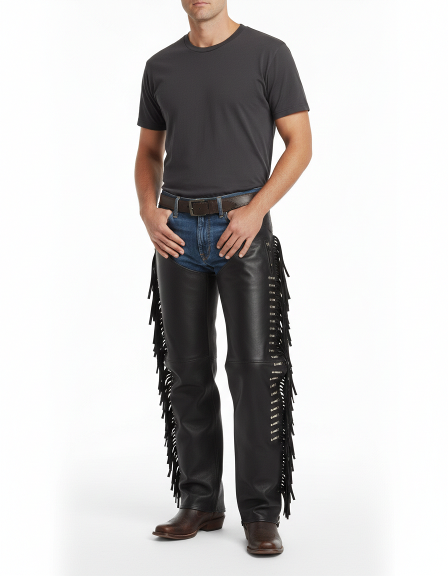 Men's onyx black smooth leather western chaps with full-length side fringe and silver metallic studs.